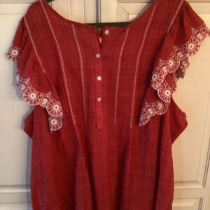 Max Studio Embroidered Stitch Top Sz 3X Flutter Sleeve Red